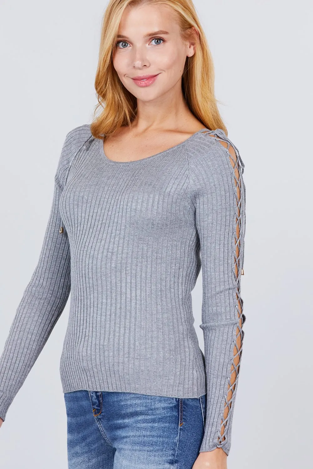 Long Sleeve W/strappy Detail Round Neck Rib Sweater Top - 5 colors