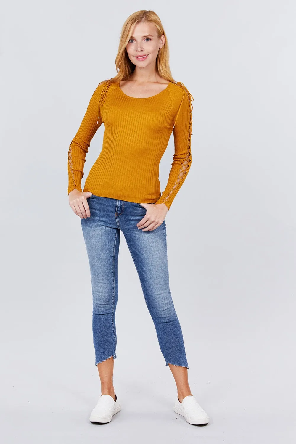 Long Sleeve W/strappy Detail Round Neck Rib Sweater Top - 5 colors