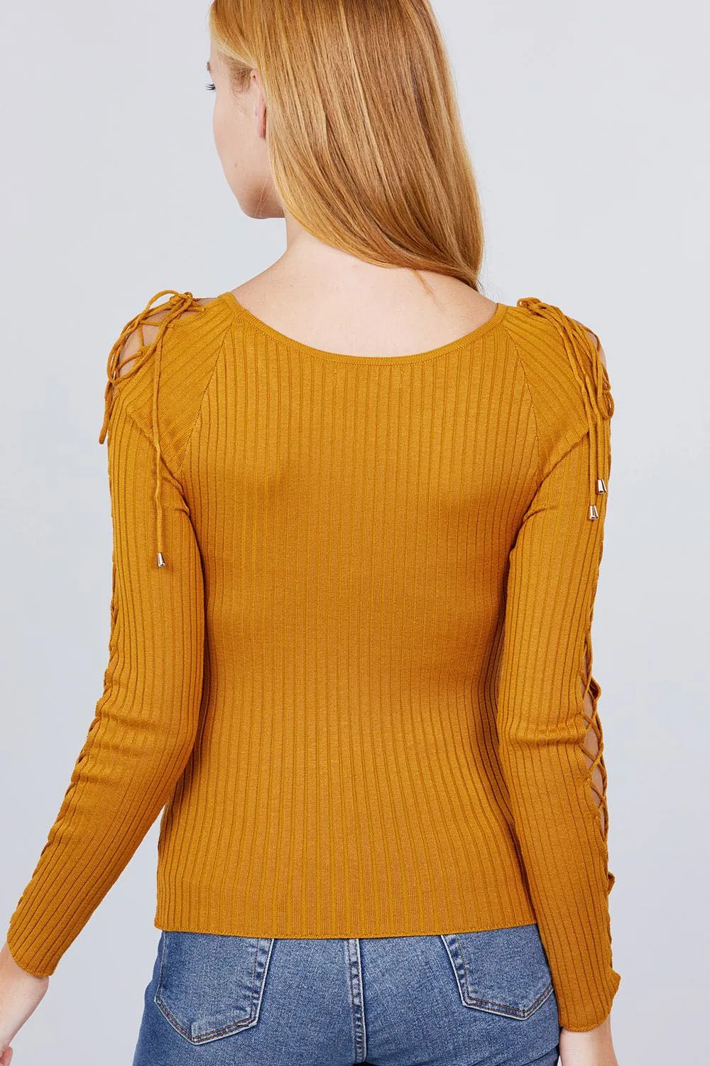 Long Sleeve W/strappy Detail Round Neck Rib Sweater Top - 5 colors