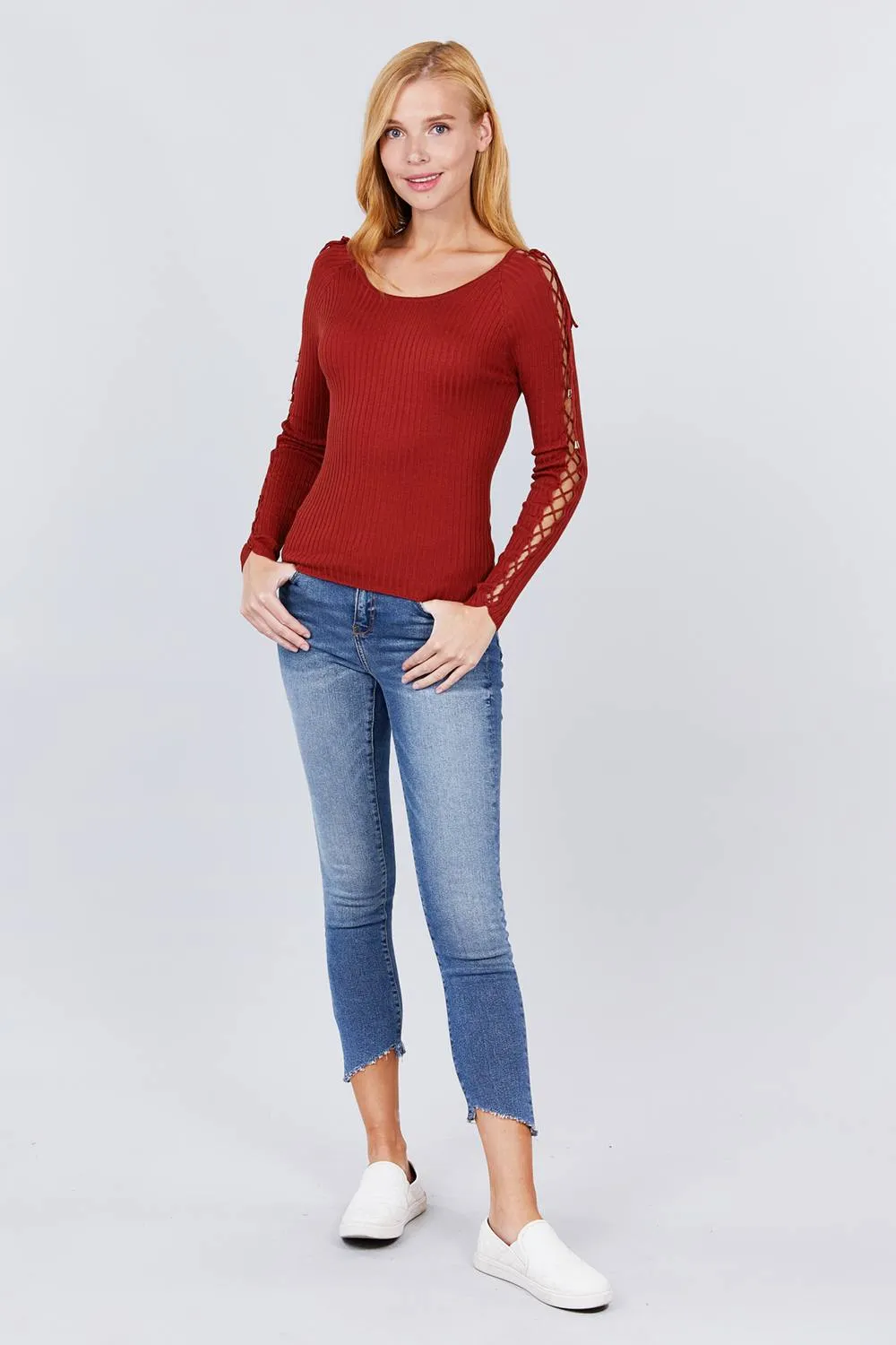 Long Sleeve W/strappy Detail Round Neck Rib Sweater Top - 5 colors