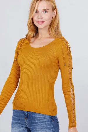 Long Sleeve W/strappy Detail Round Neck Rib Sweater Top - 5 colors