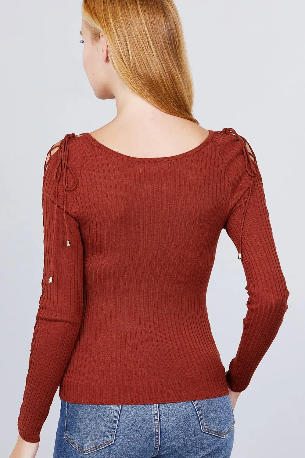 Long Sleeve W/strappy Detail Round Neck Rib Sweater Top - 5 colors