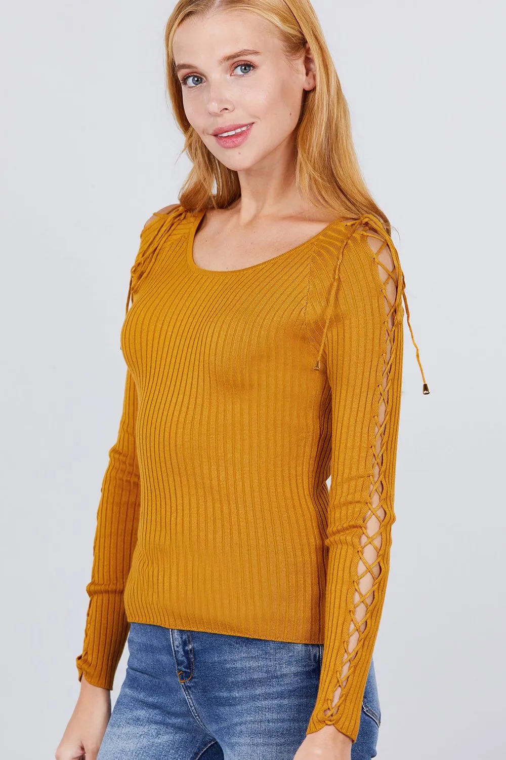 Long Sleeve W/strappy Detail Round Neck Rib Sweater Top - 5 colors