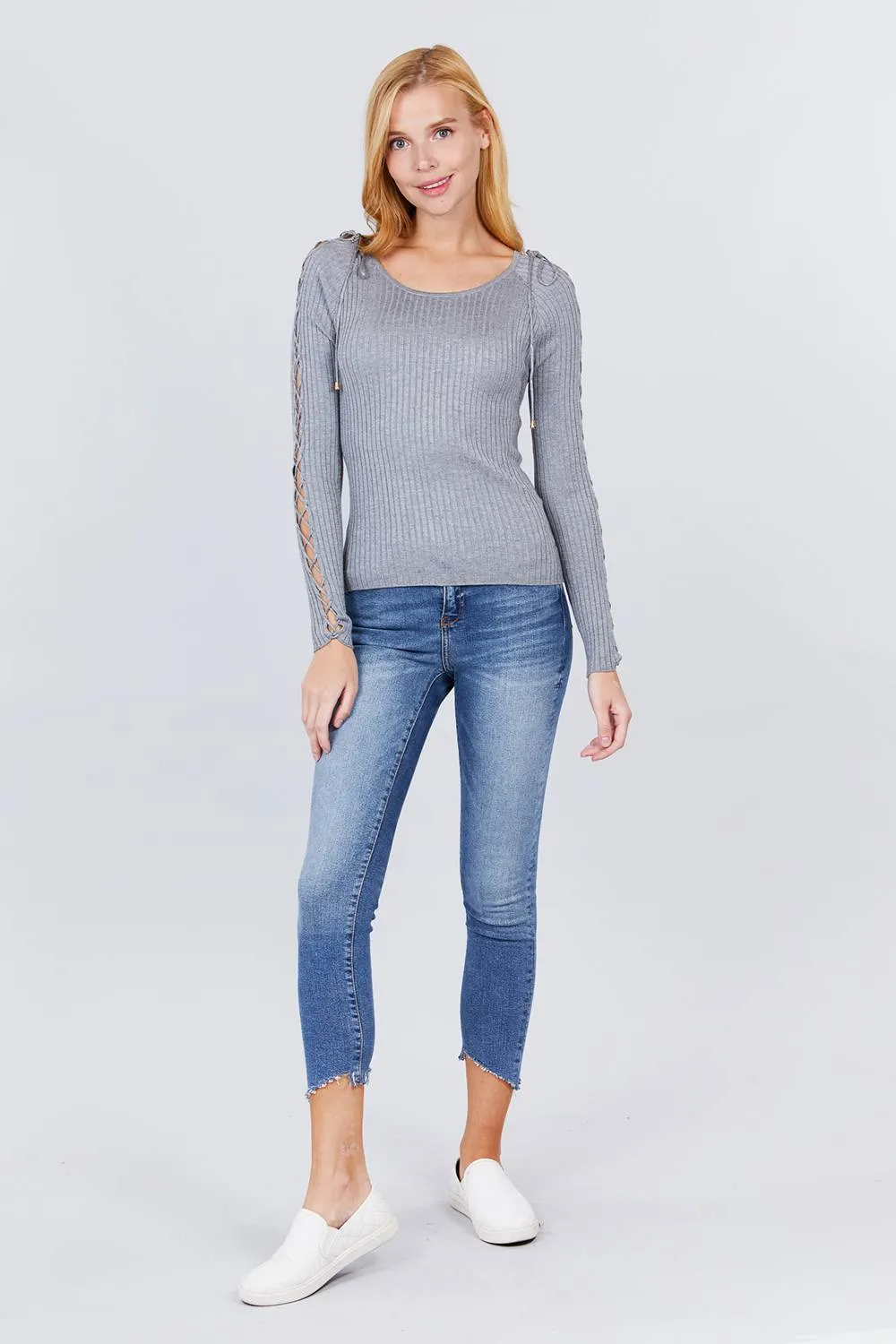 Long Sleeve W/strappy Detail Round Neck Rib Sweater Top - 5 colors