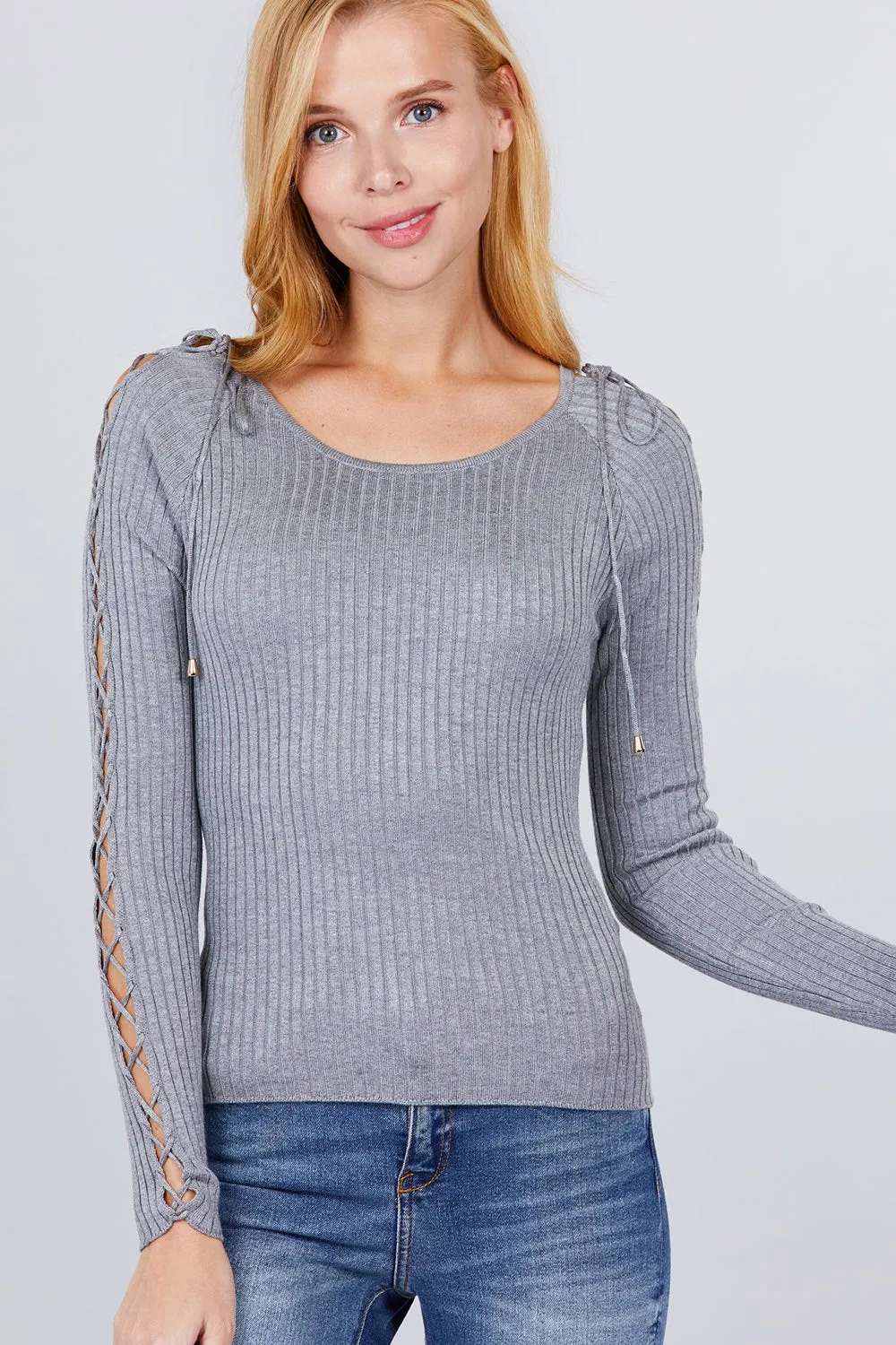 Long Sleeve W/strappy Detail Round Neck Rib Sweater Top - 5 colors