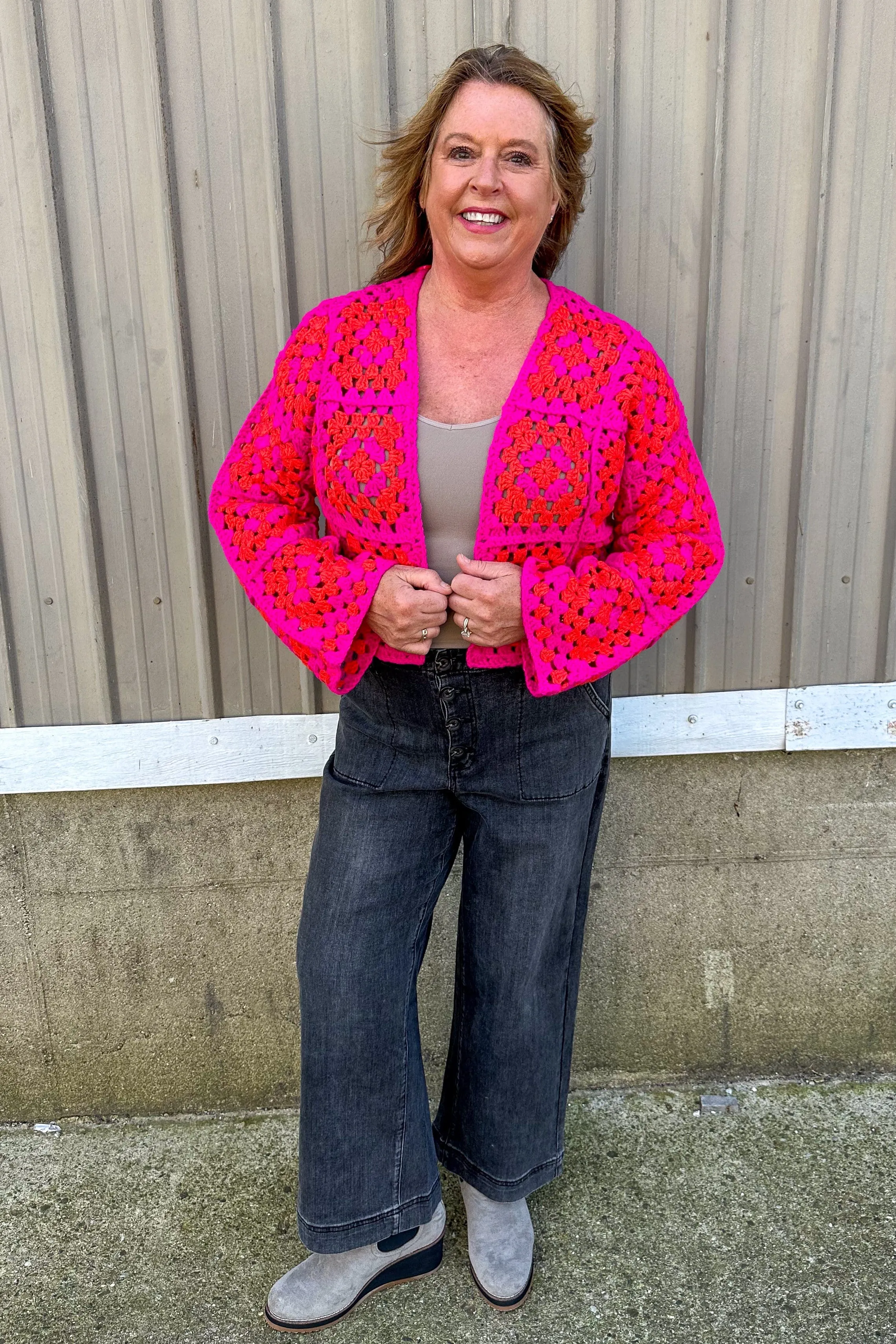 Magenta & Orange Crochet Square Cardigan