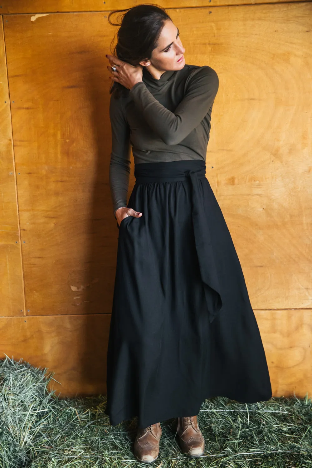 Maxi Wrap Skirt in Black Challis