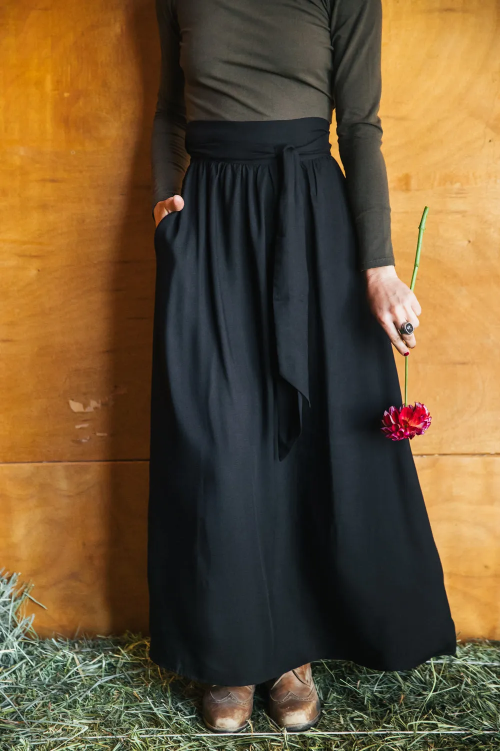 Maxi Wrap Skirt in Black Challis