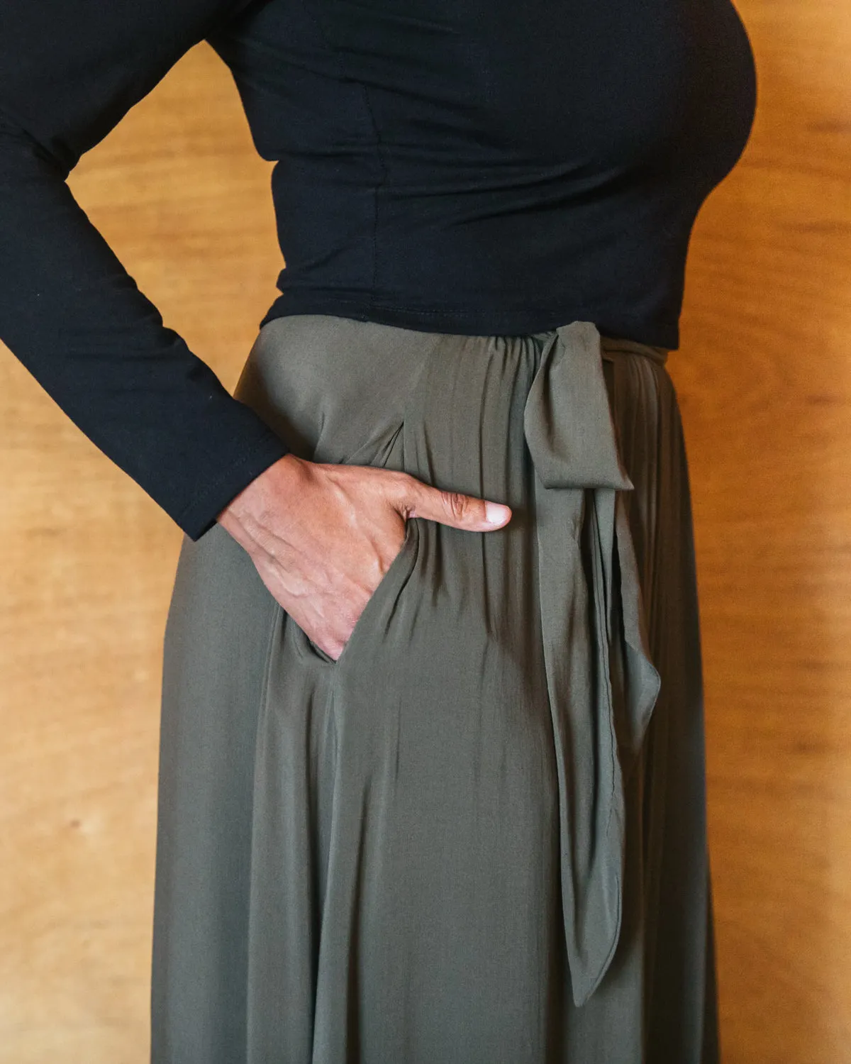 Maxi Wrap Skirt in Olive Challis