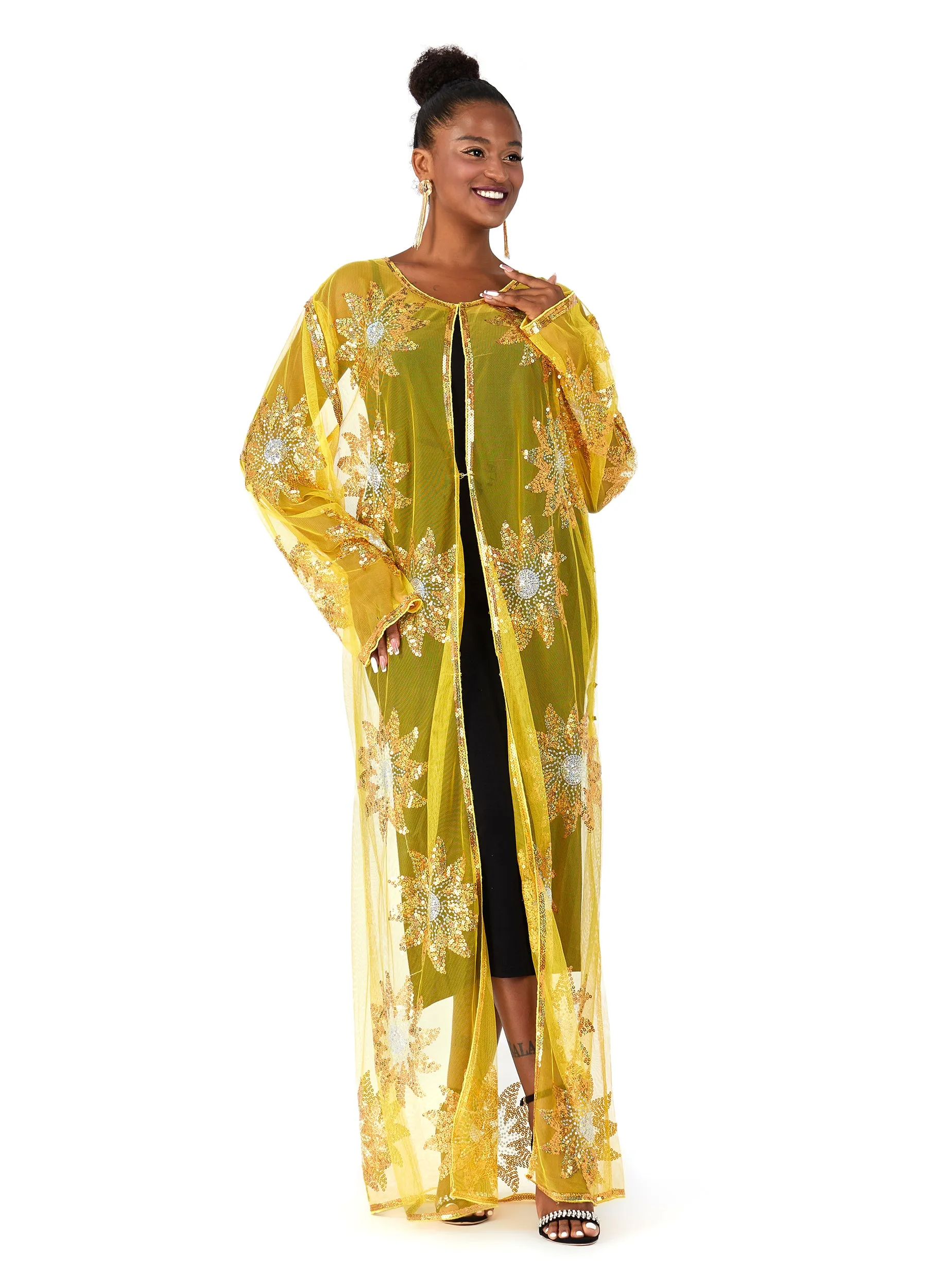 MECALA Women's Sequin Caftan Maxi Mesh Sheer Swim Cover-Up Kimono Cardigan