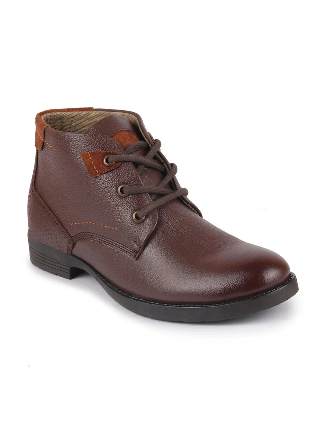 Men Brown Leather Lace Up Flat Boots