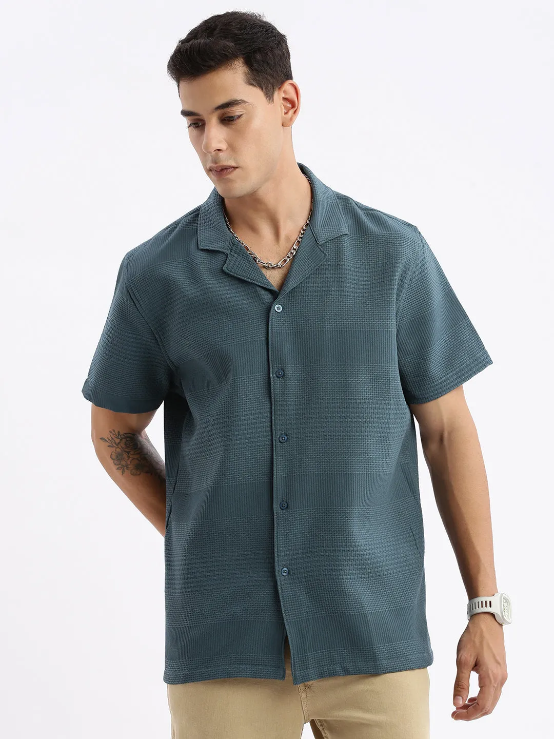 Men Cuban Collar Solid Relaxed Fit Teal Shirt