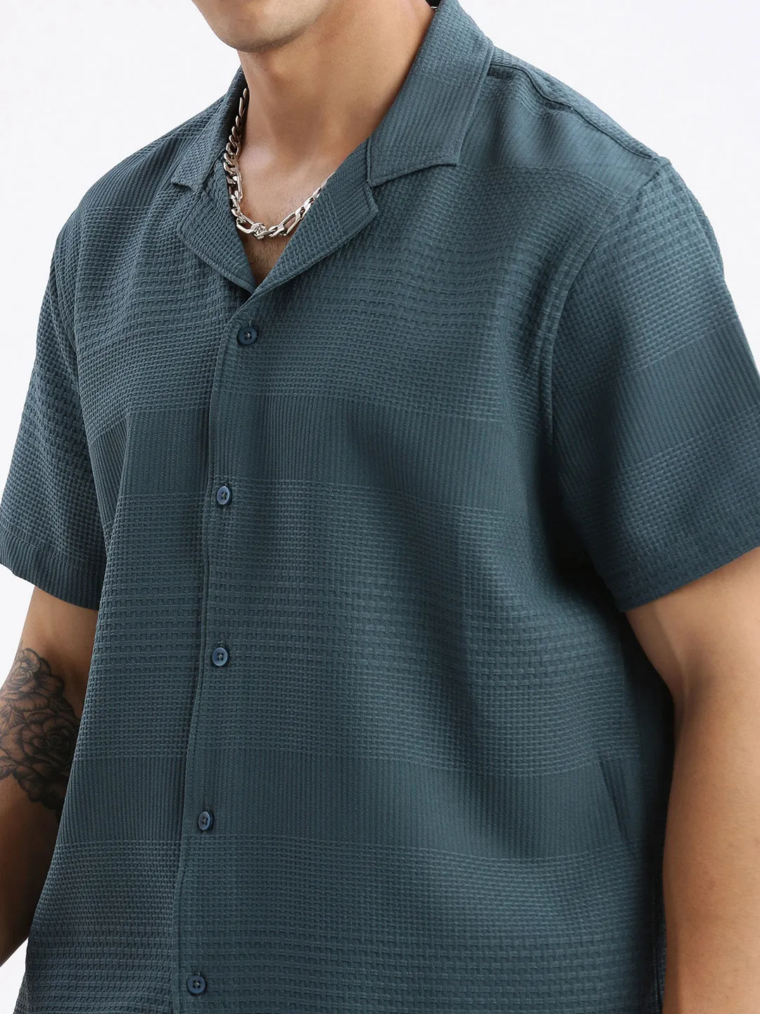 Men Cuban Collar Solid Relaxed Fit Teal Shirt