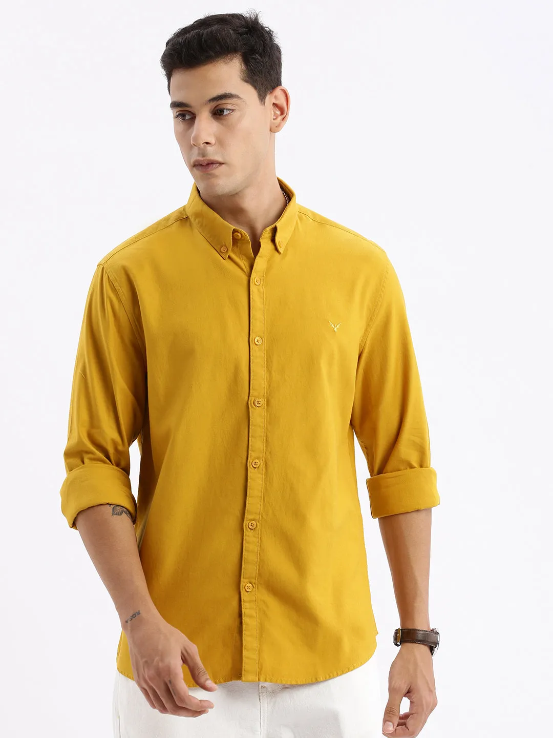 Men Spread Collar Solid Slim Fit Mustard Shirt