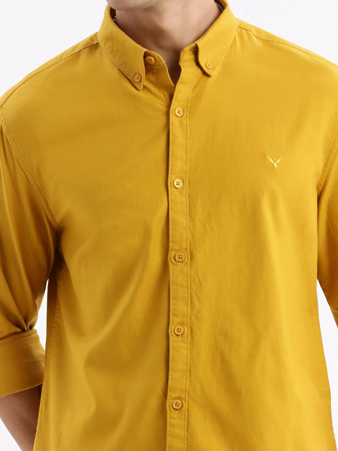 Men Spread Collar Solid Slim Fit Mustard Shirt