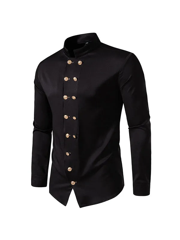 Men's Double Breasted Stand Collar Casual Long Sleeve Shirt