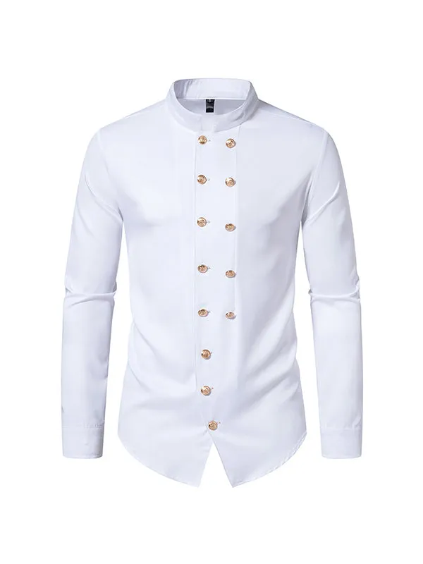 Men's Double Breasted Stand Collar Casual Long Sleeve Shirt