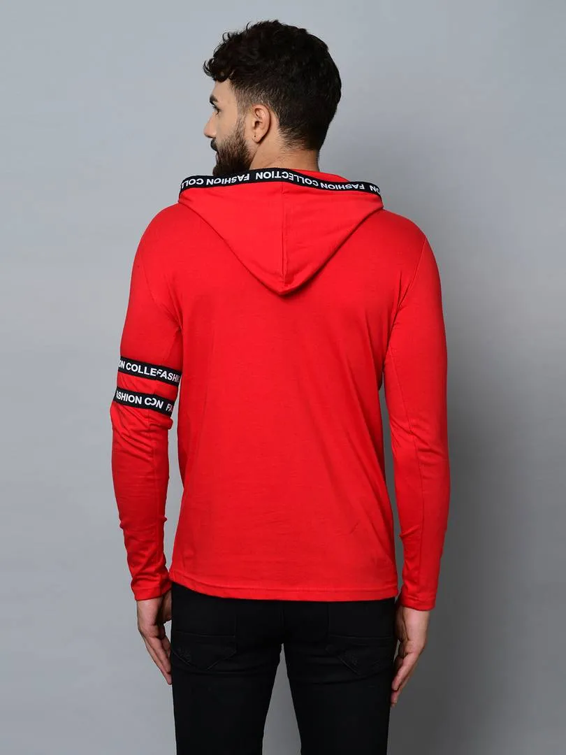 Men's Red Cotton Self Pattern Hooded Tees