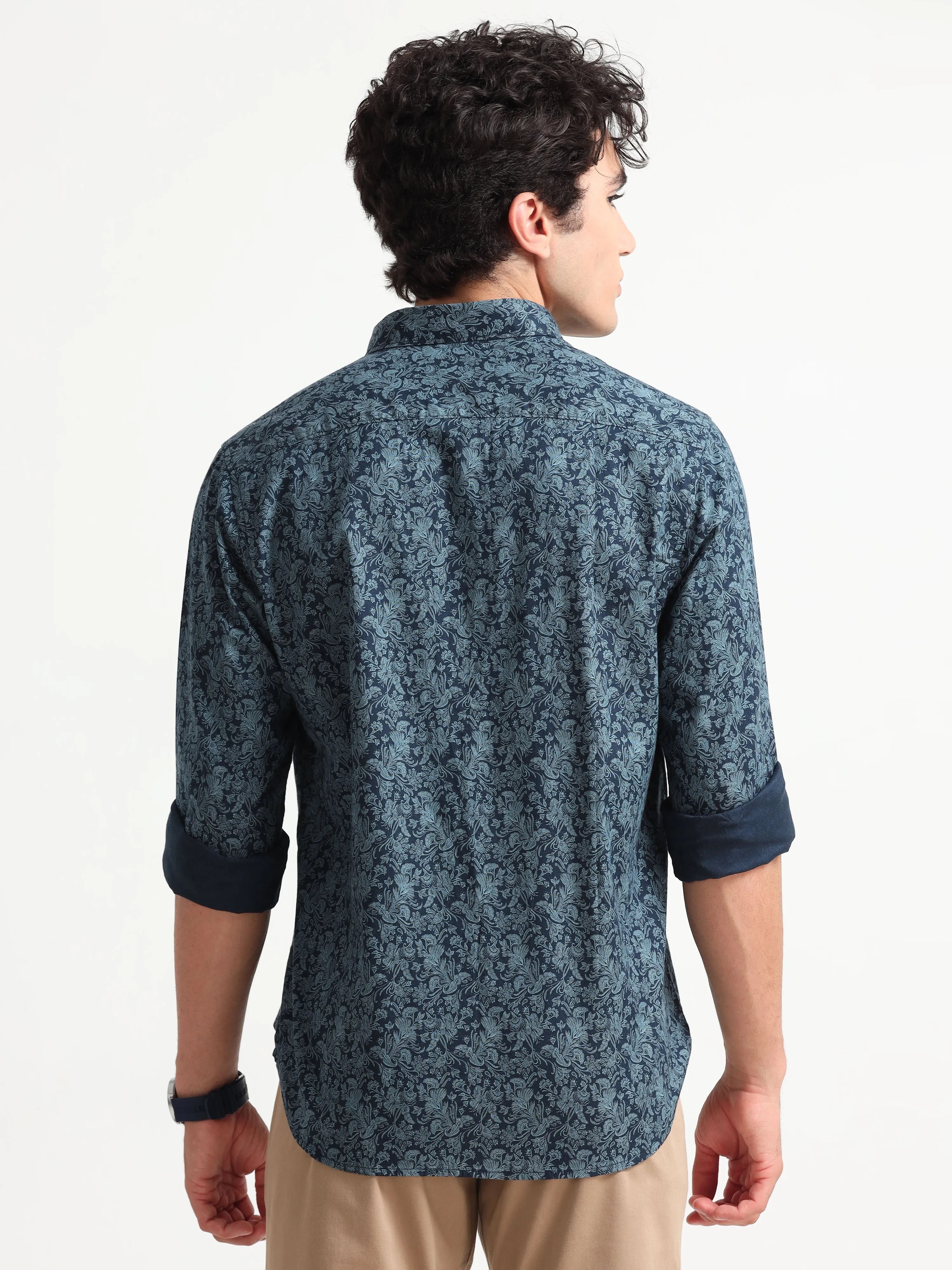 MEN'S TURQUOISE PRINT SLIM FIT SHIRT