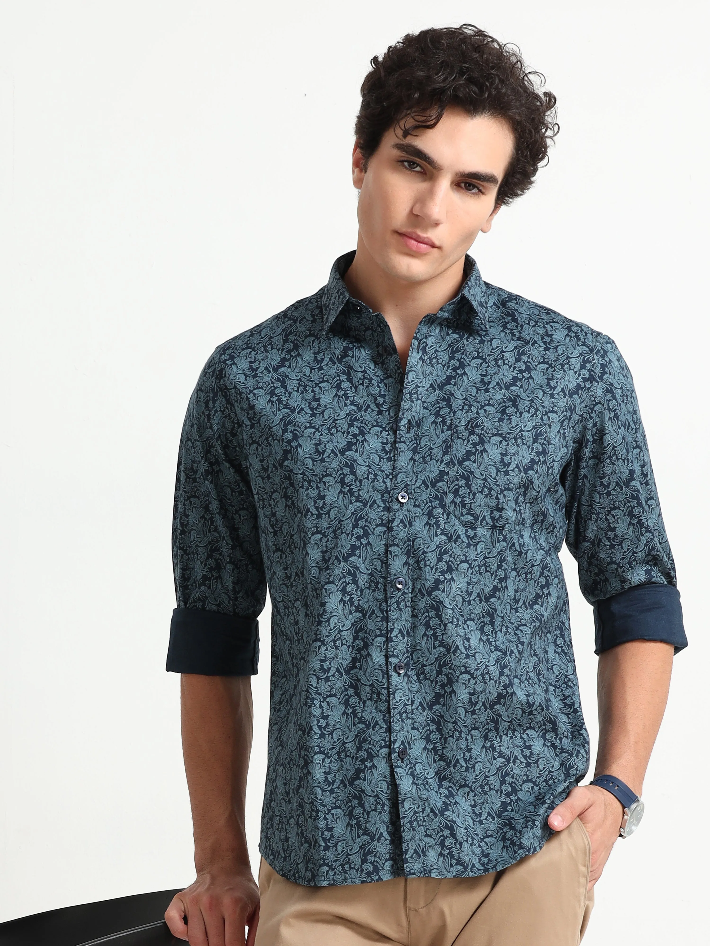 MEN'S TURQUOISE PRINT SLIM FIT SHIRT