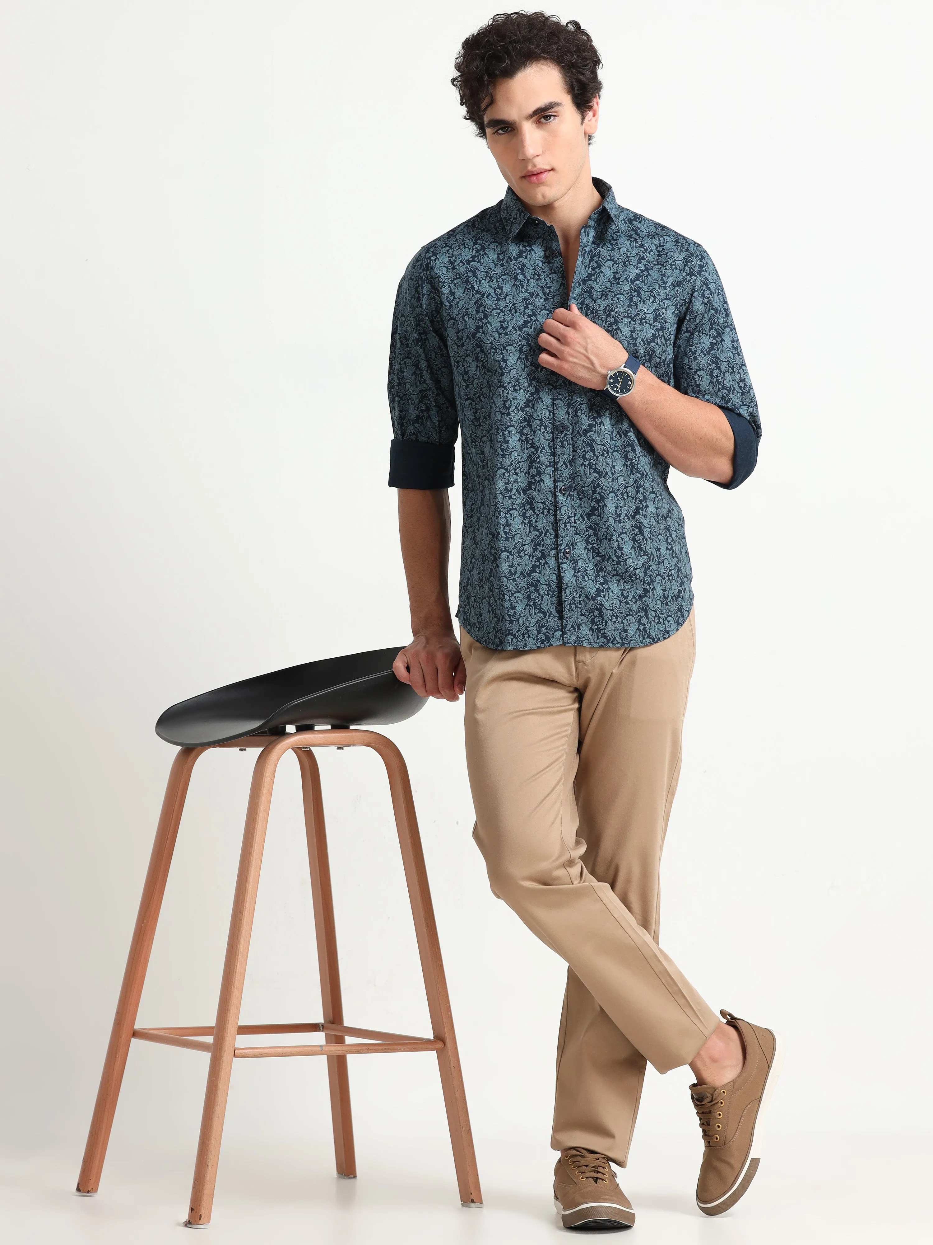 MEN'S TURQUOISE PRINT SLIM FIT SHIRT