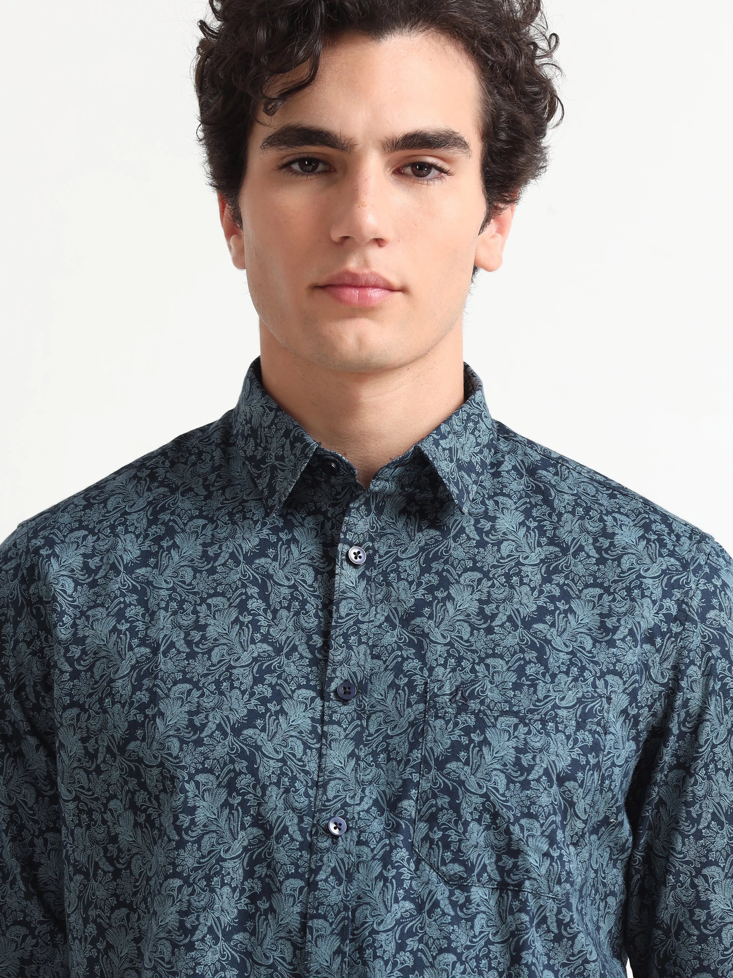 MEN'S TURQUOISE PRINT SLIM FIT SHIRT