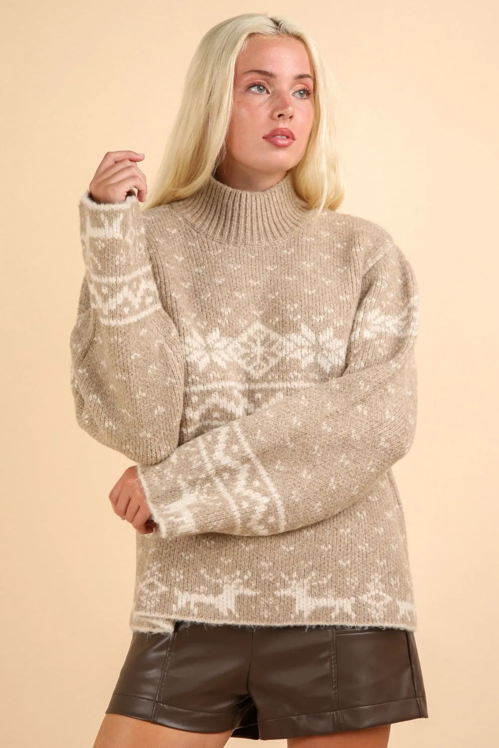 Mocha Christmas Element Mock Neck Long Sleeve Sweater