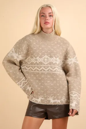 Mocha Christmas Element Mock Neck Long Sleeve Sweater