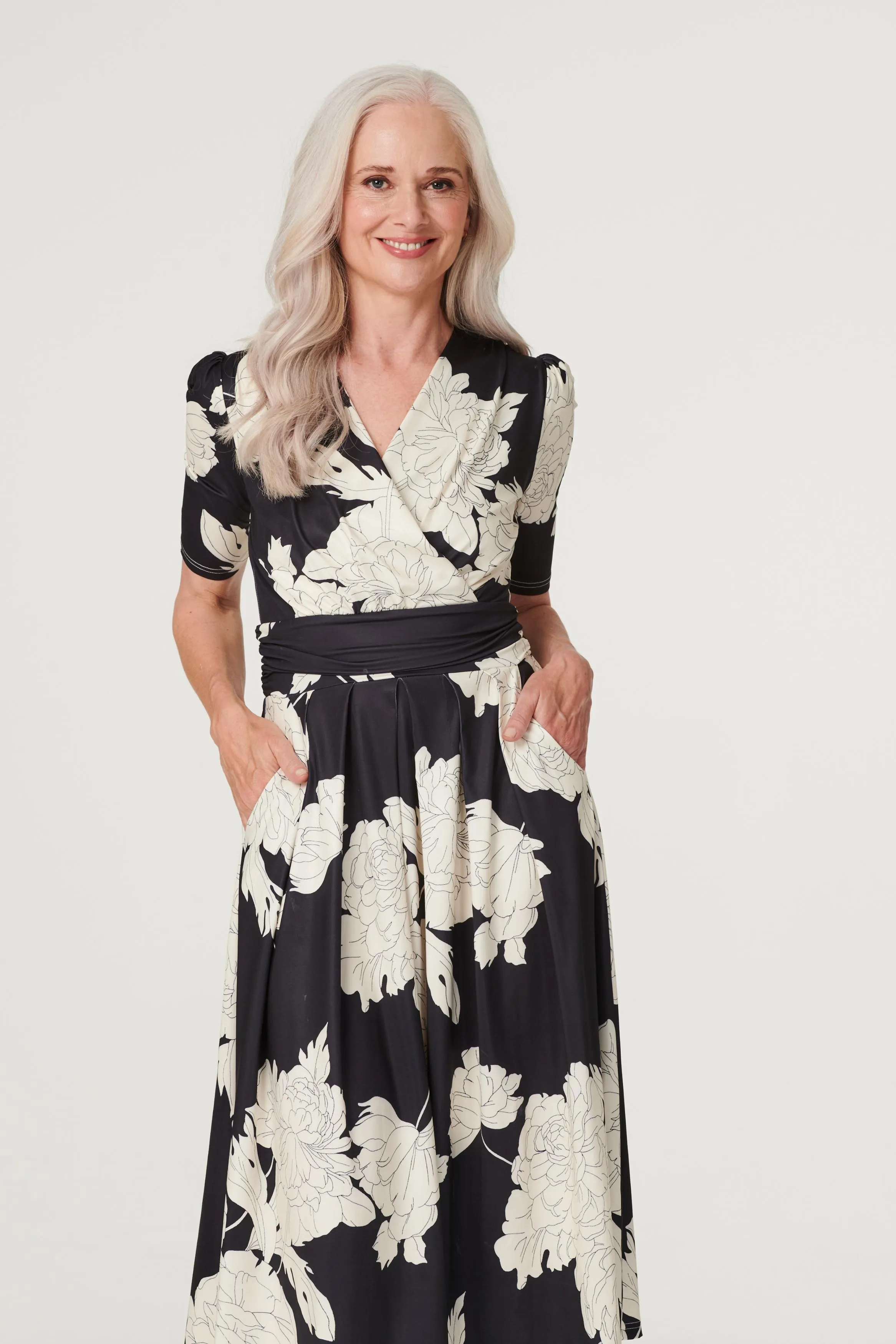 Monochrome Floral Ruched Waist Dress