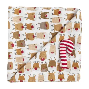 MUD Reindeer Swaddle and Candy Cane Rattle Set