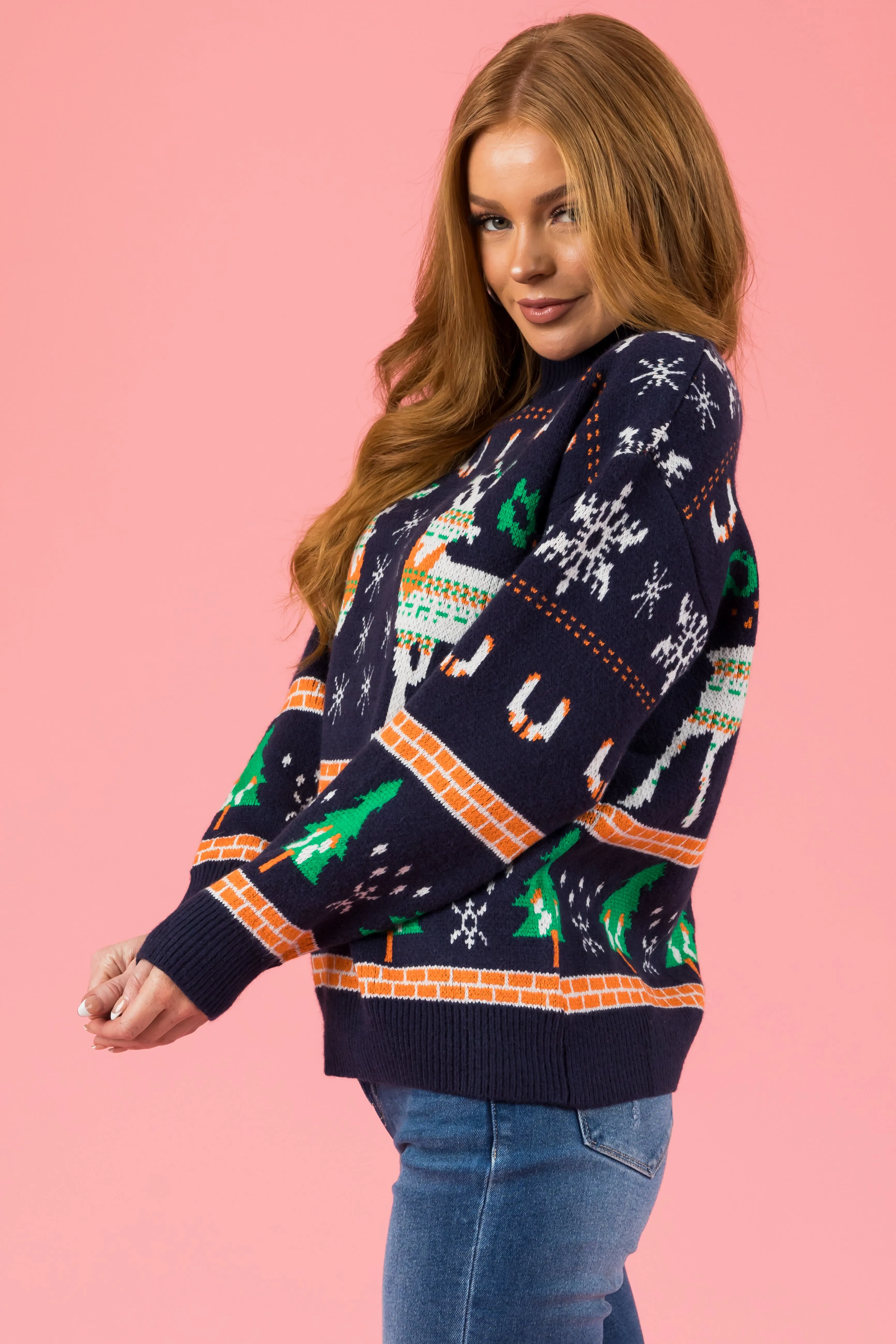 Muted Navy Reindeer Christmas Graphic Sweater