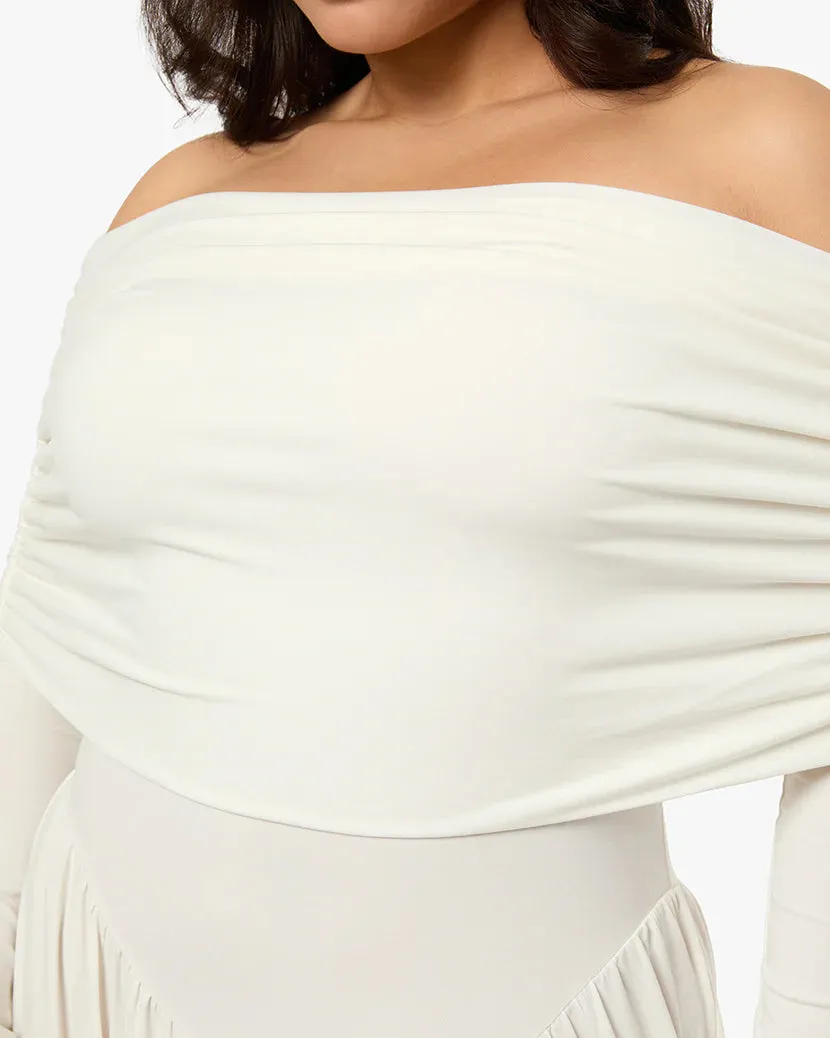 Off Shoulder Ruched Midi Dress