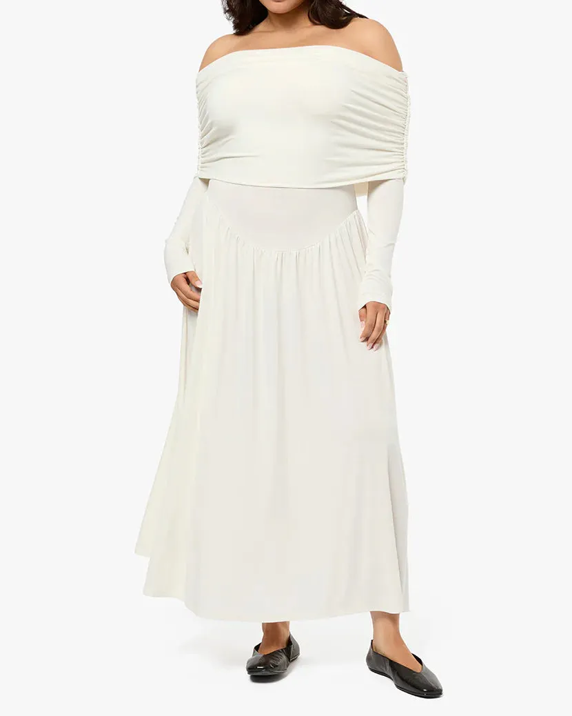 Off Shoulder Ruched Midi Dress