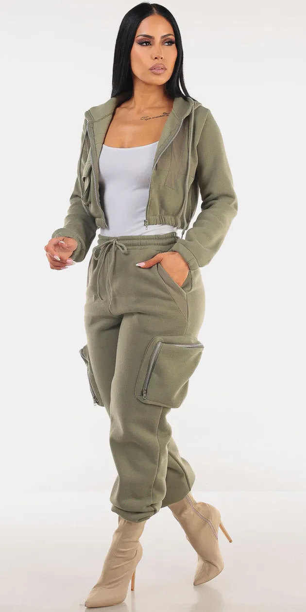 Olive Cargo Fleece Sweatpants Trio