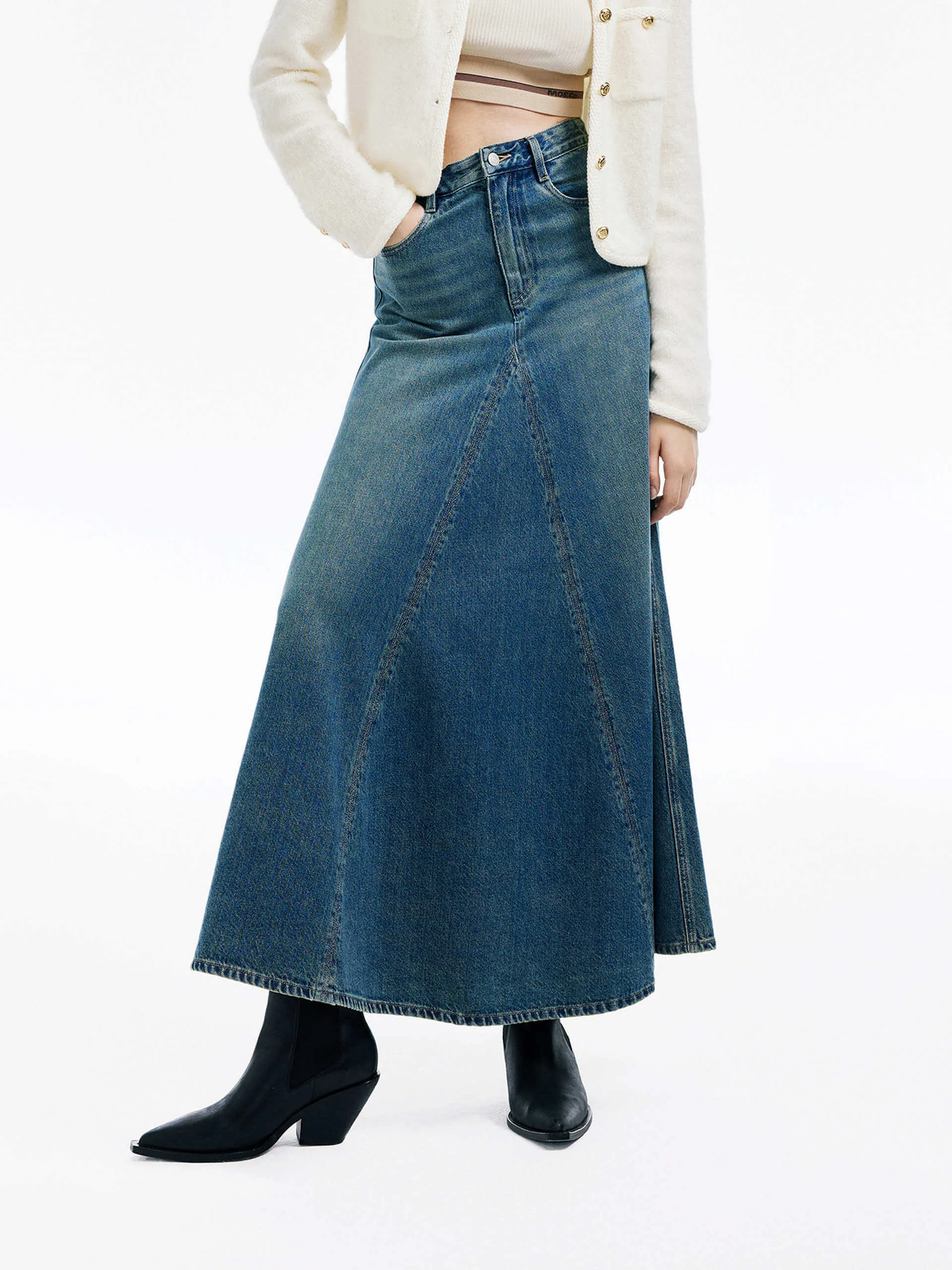 Paneled Denim Midi Skirt