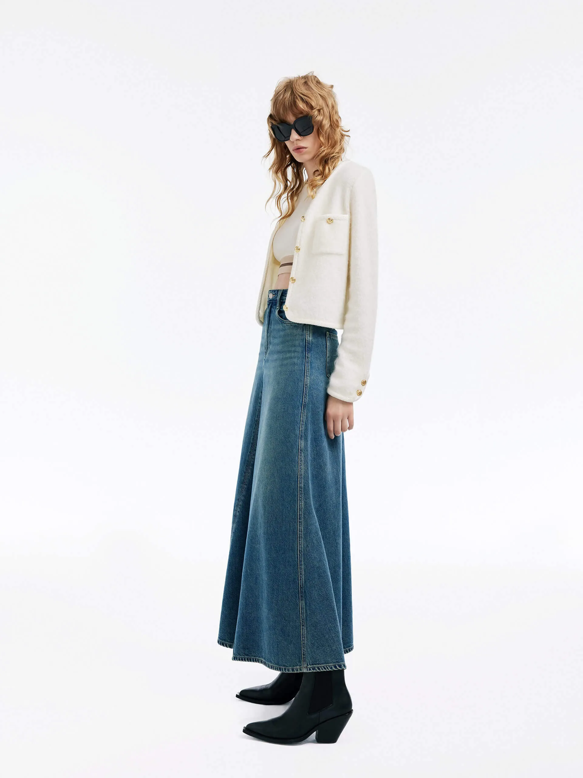 Paneled Denim Midi Skirt