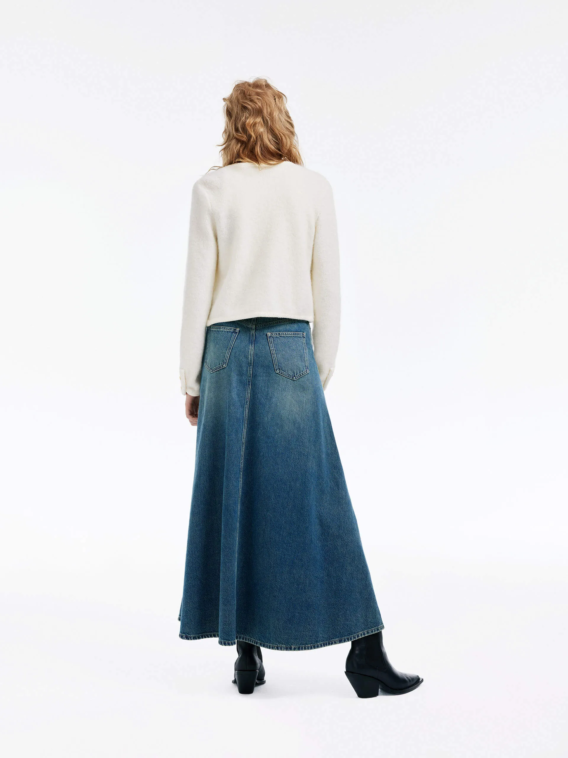 Paneled Denim Midi Skirt