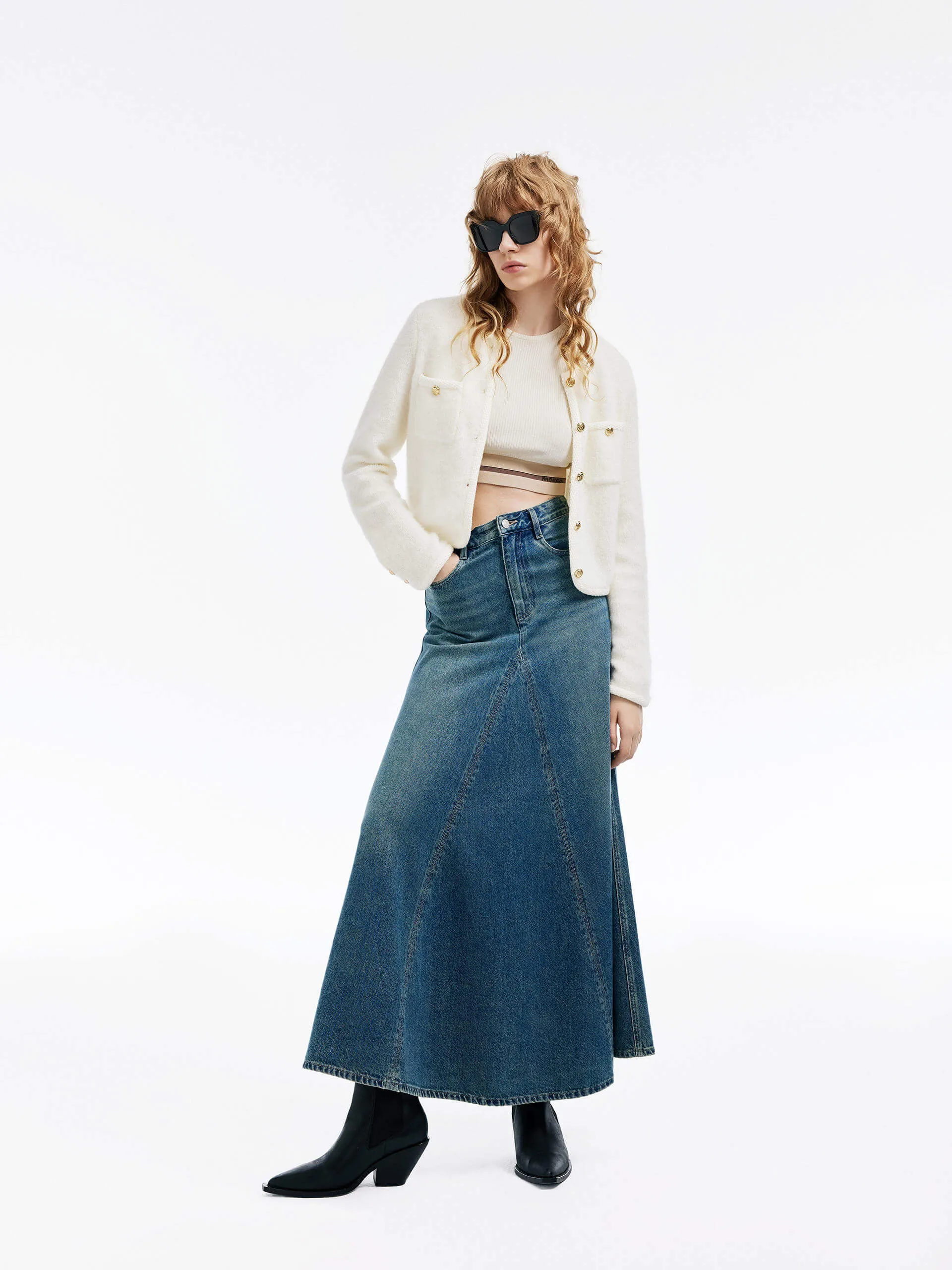 Paneled Denim Midi Skirt