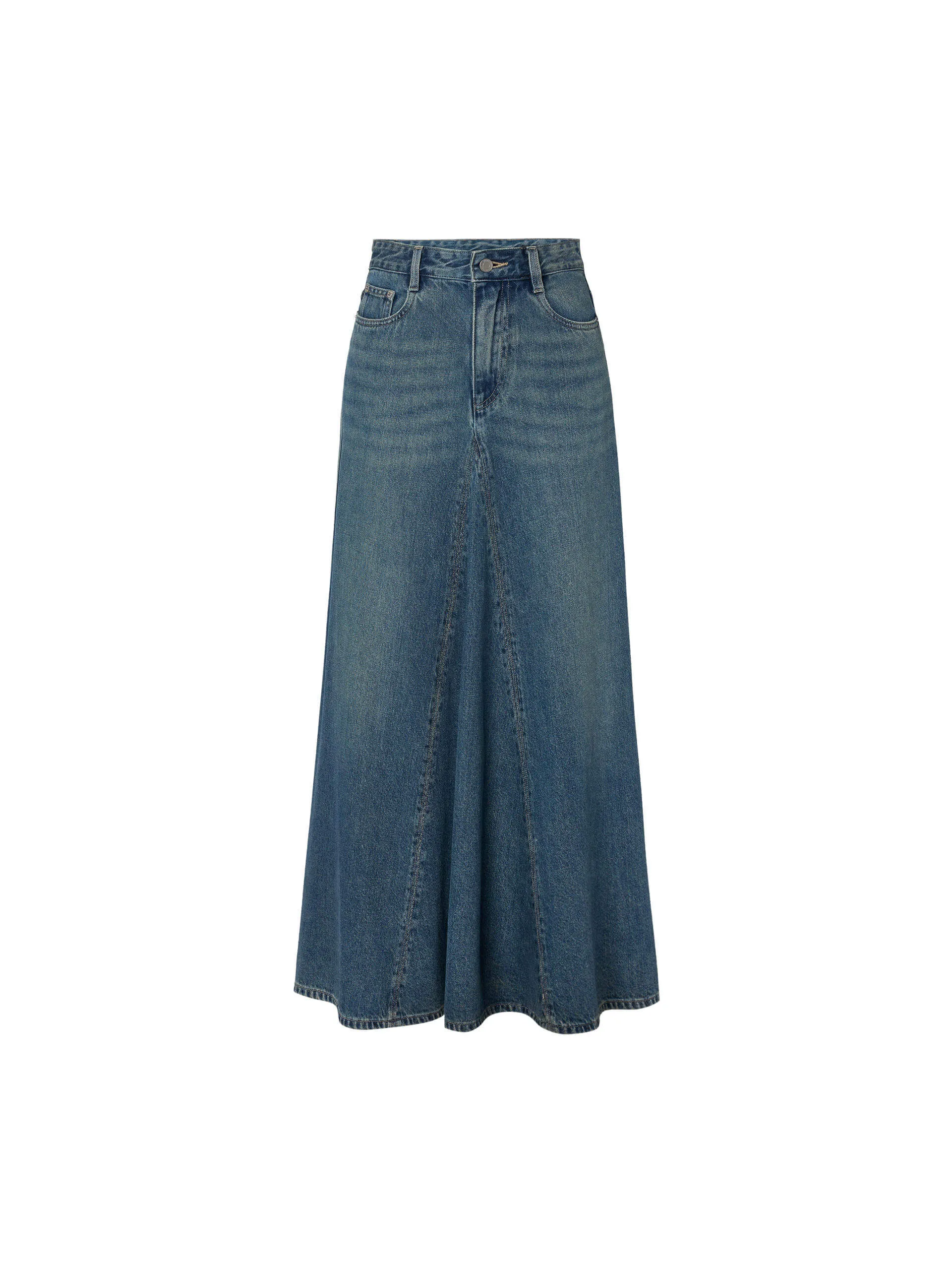 Paneled Denim Midi Skirt