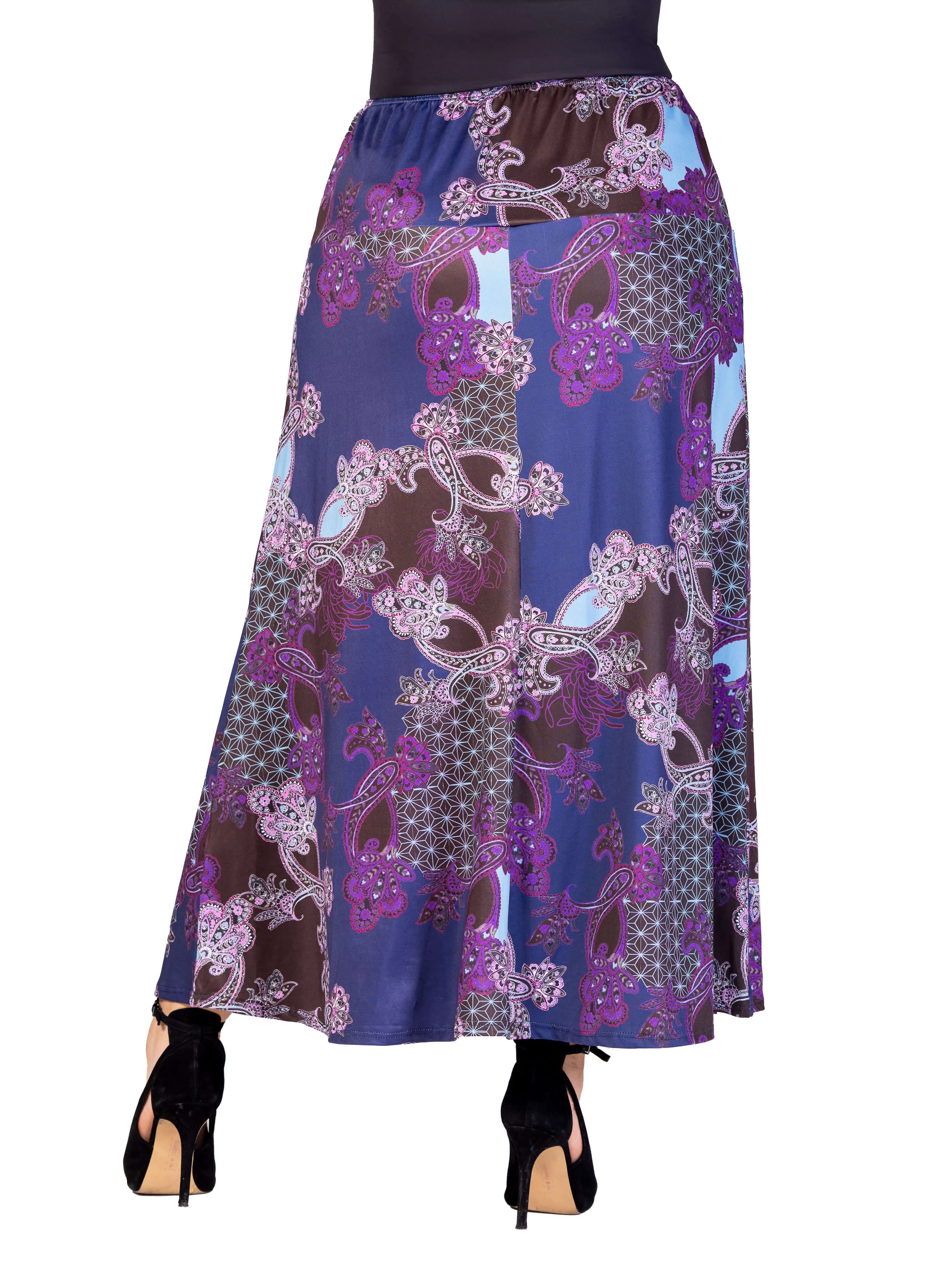 Plus Size Purple Paisley Print Elastic Waist A Line Maxi Skirt