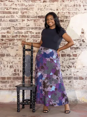 Plus Size Purple Paisley Print Elastic Waist A Line Maxi Skirt