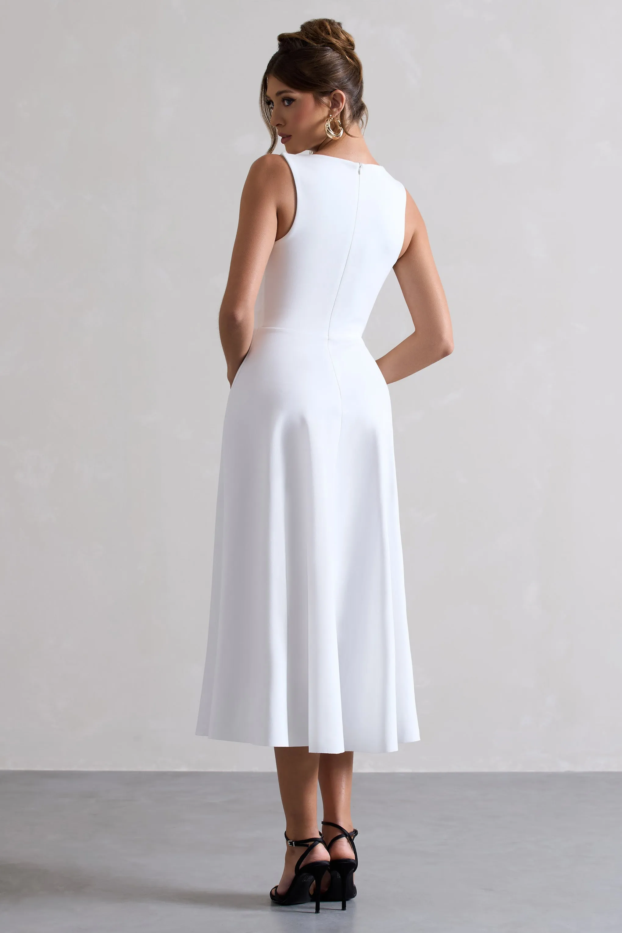 Primrose | White Plunge-Neck Midi Dress With Black Bow