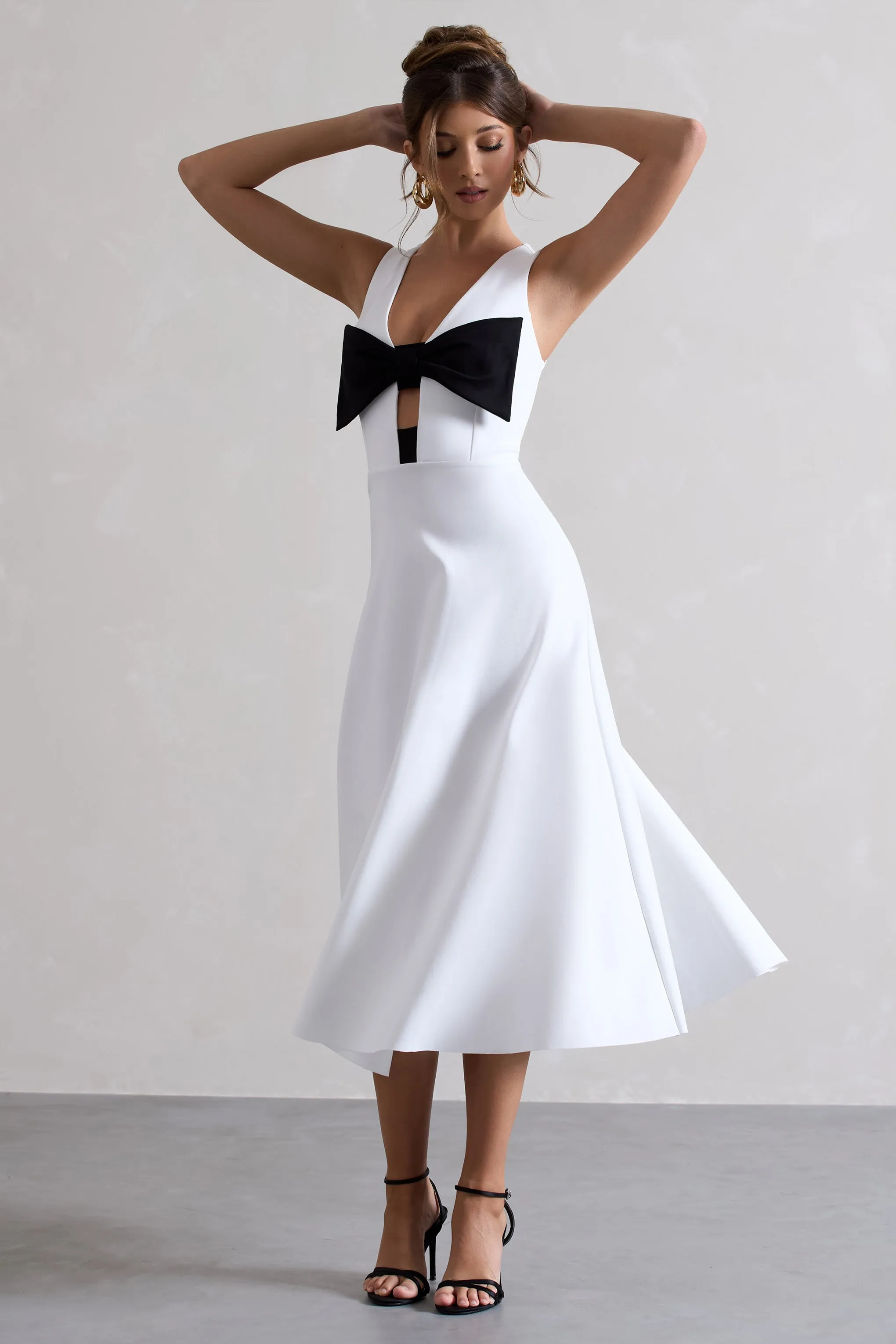 Primrose | White Plunge-Neck Midi Dress With Black Bow