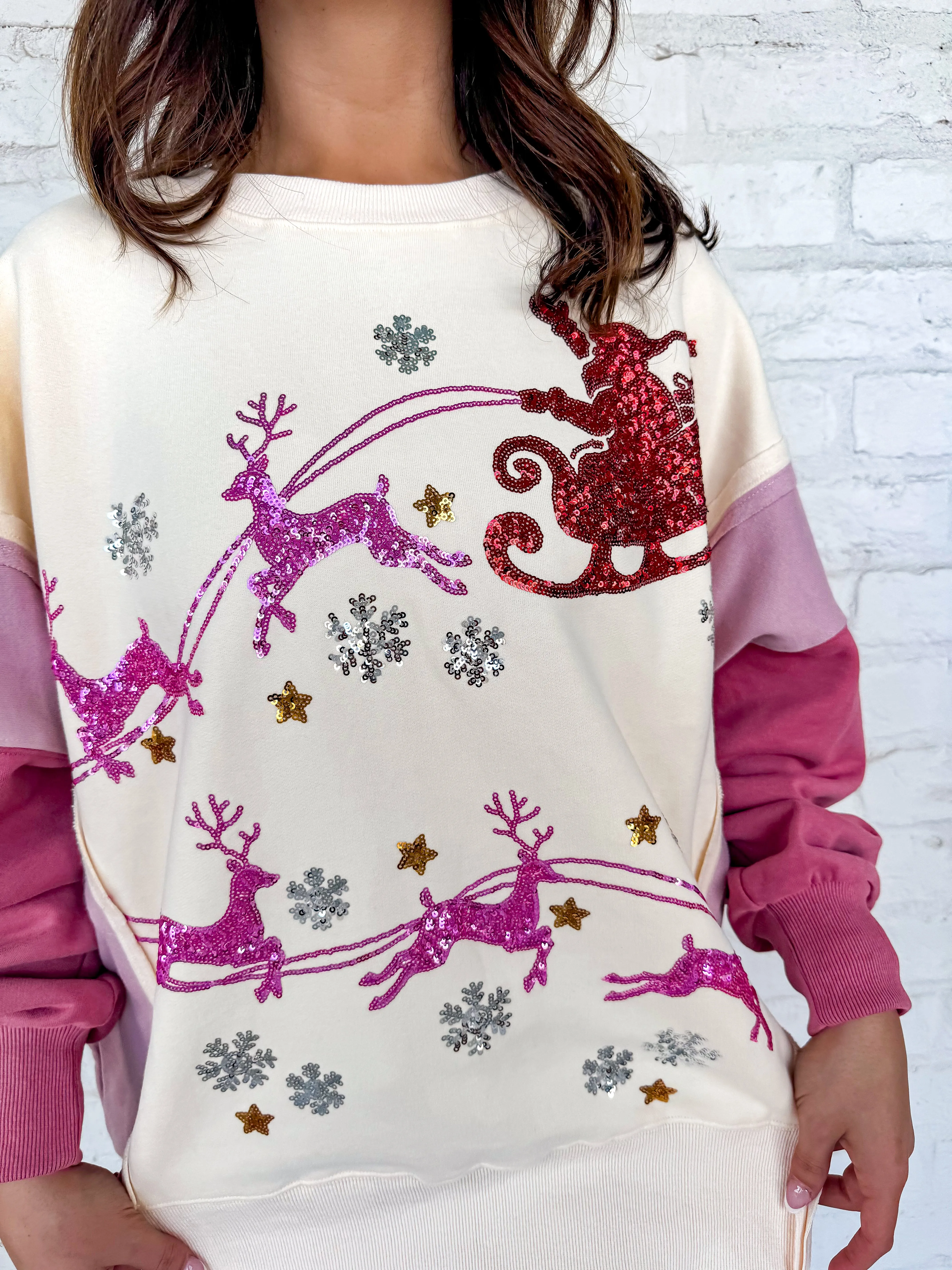 Queen Of Reindeer Colorblock Sweater Cream