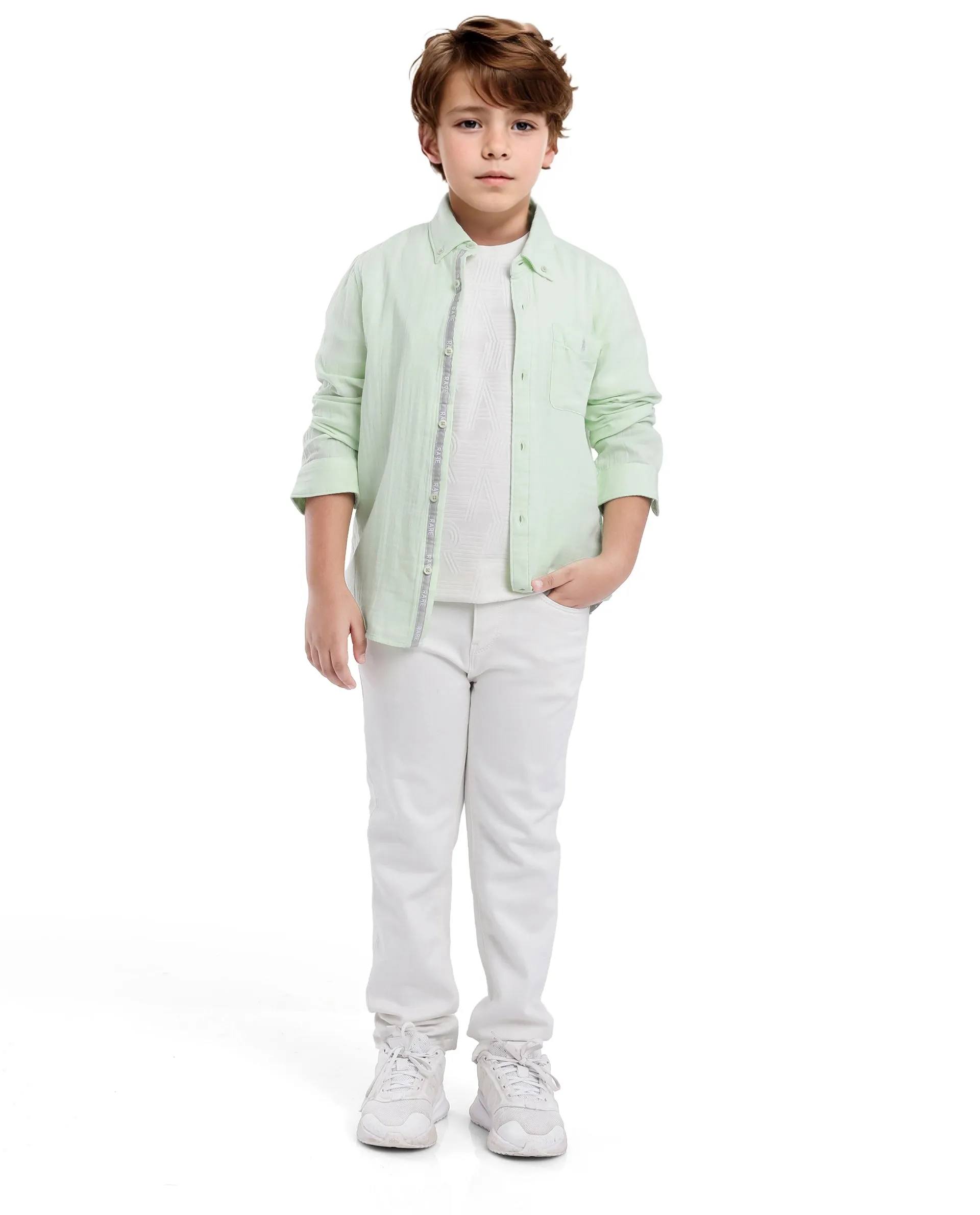 Rare Ones Kids Presto Flouroscent Green Cotton Full Sleeve Regular Fit Button Down Solid Shirt