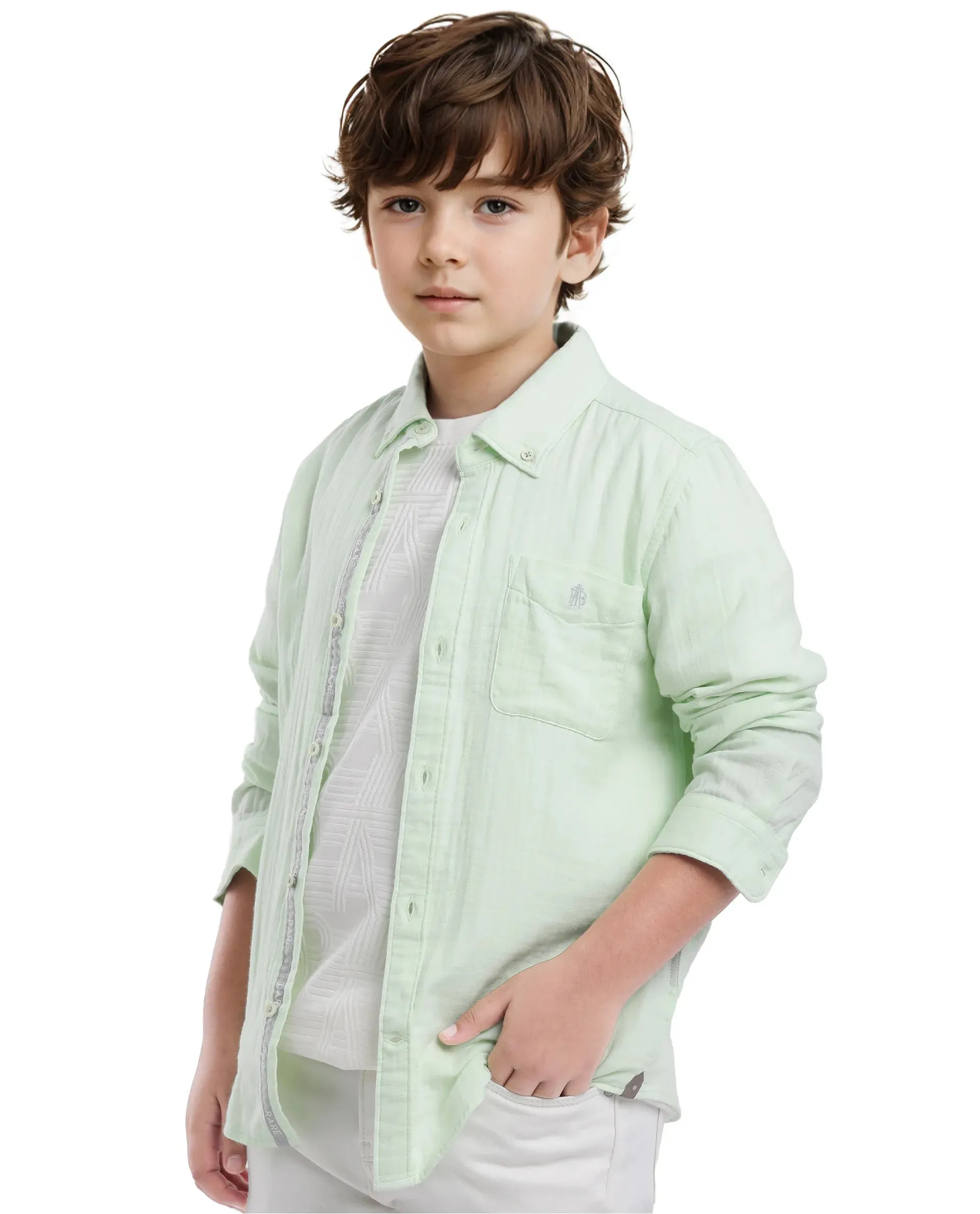 Rare Ones Kids Presto Flouroscent Green Cotton Full Sleeve Regular Fit Button Down Solid Shirt