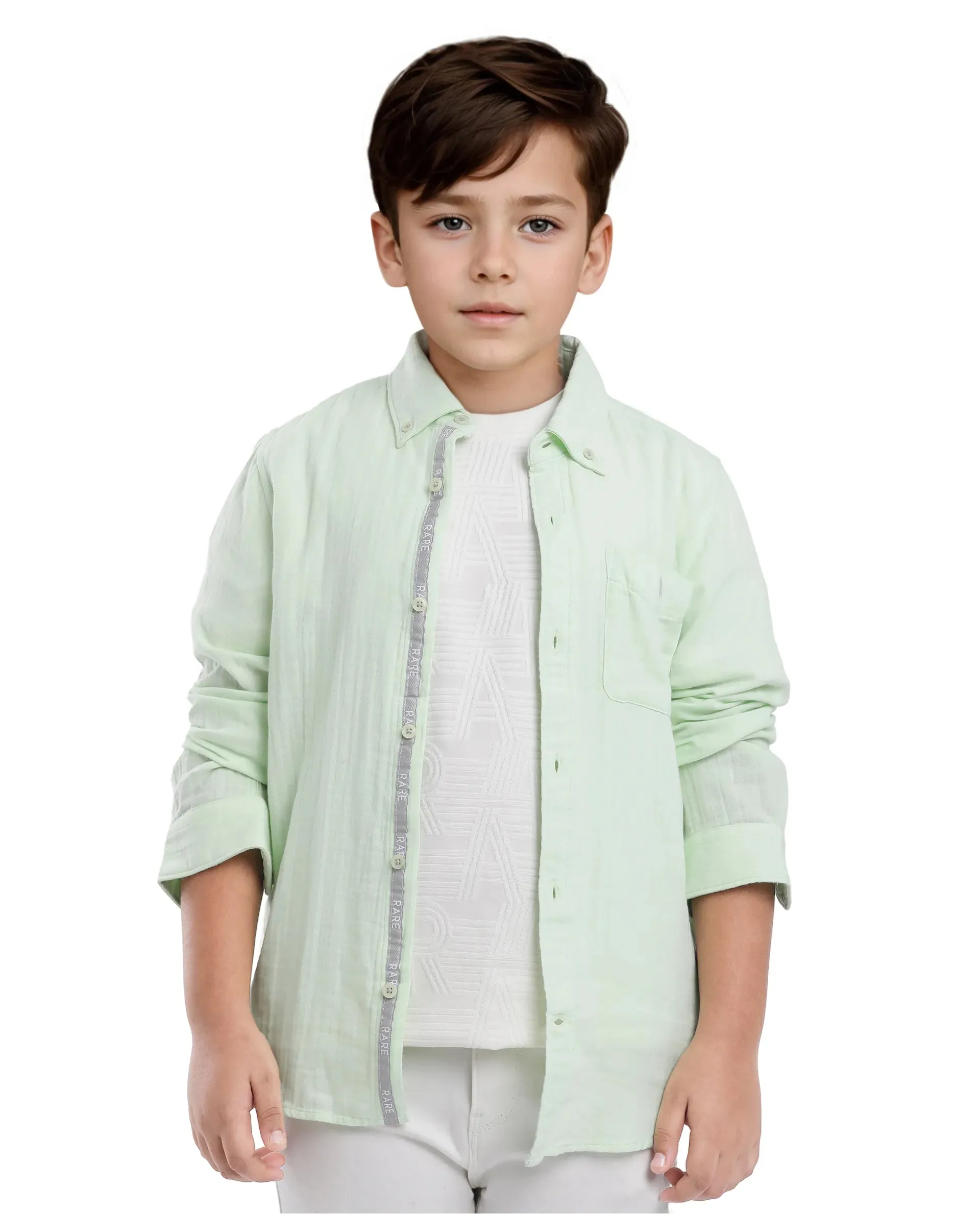 Rare Ones Kids Presto Flouroscent Green Cotton Full Sleeve Regular Fit Button Down Solid Shirt