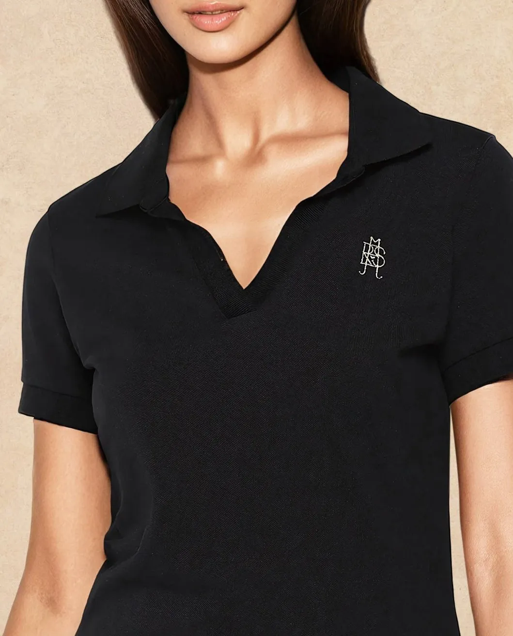 Rareism Women Van Black Cotton Lycra Fabric Short Sleeve Polo Collar Plain Polo