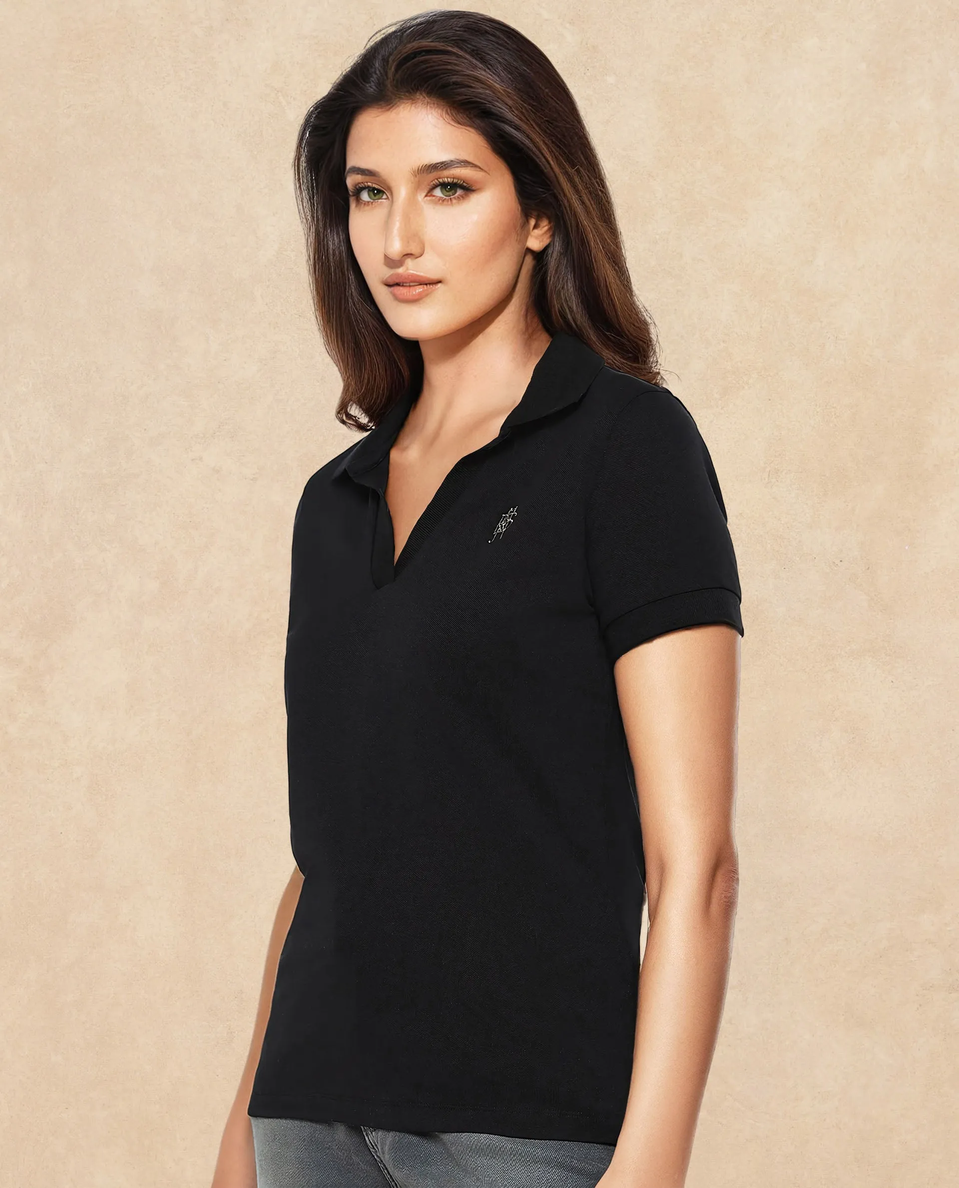 Rareism Women Van Black Cotton Lycra Fabric Short Sleeve Polo Collar Plain Polo