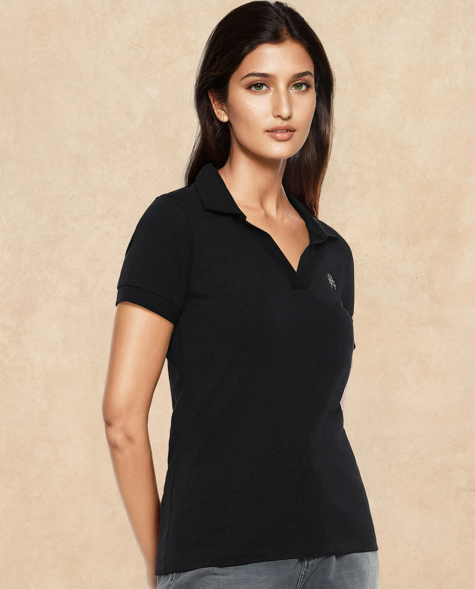 Rareism Women Van Black Cotton Lycra Fabric Short Sleeve Polo Collar Plain Polo